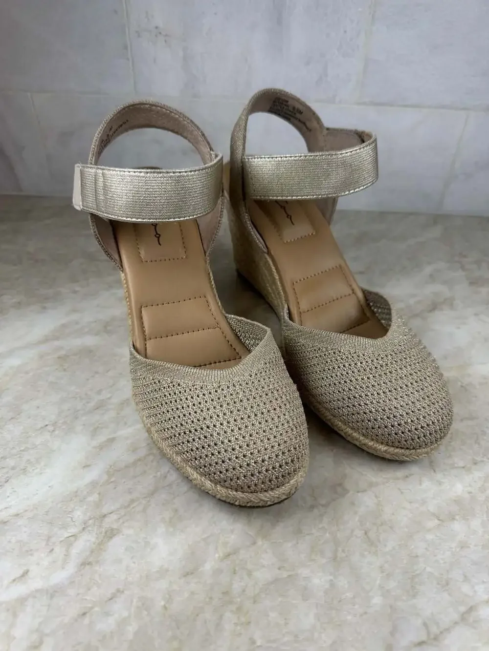 Me Too Blair Espadrille Wedge Sandals Gold Metallic Knit Womens 8.5 M